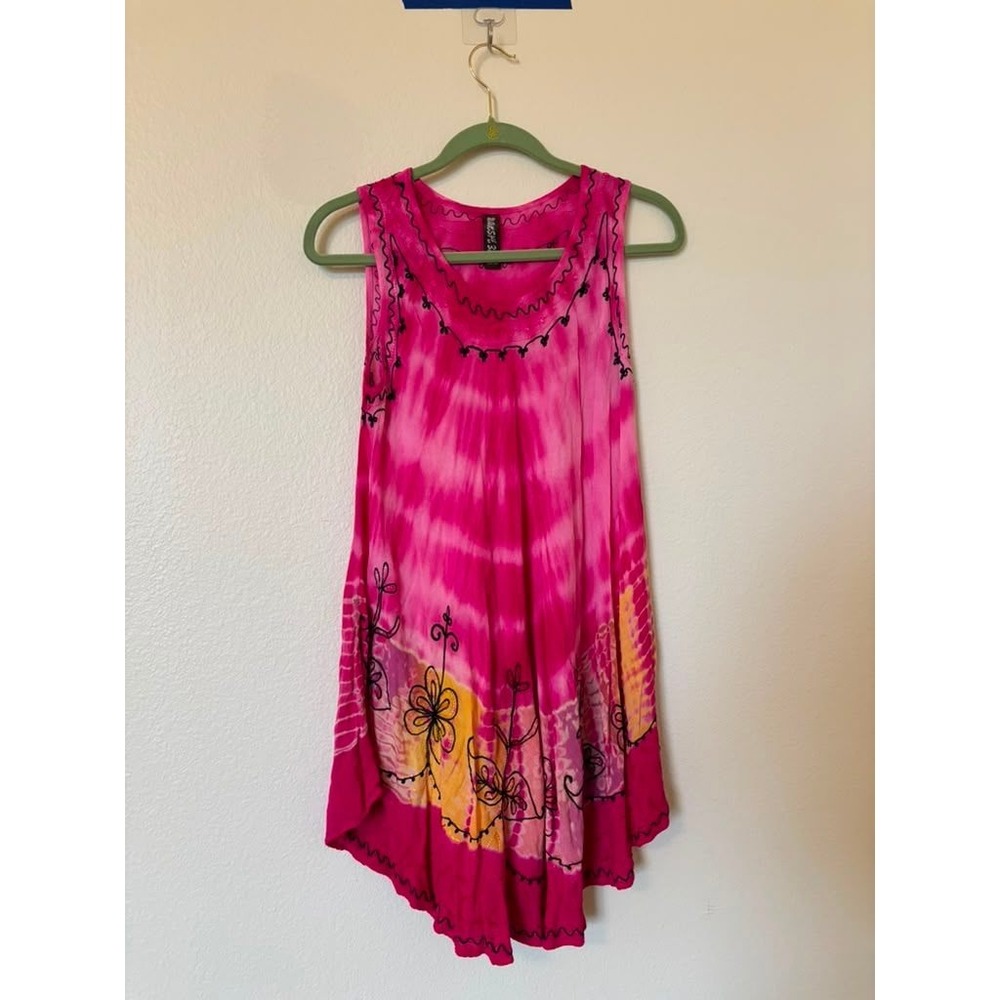Ace‎ Fashion Hot Pink Tie Dye Boho Embroidered Sharkbite Sleeveless Tunic Dress
